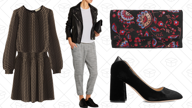 Michael Michael Kors Aralia Dress, $74 | Hatch The Market Pants, $75 | Loeffler Randall Embroidered Suede Clutch, $168 | Sam Edelman Cassidy Pump, $60